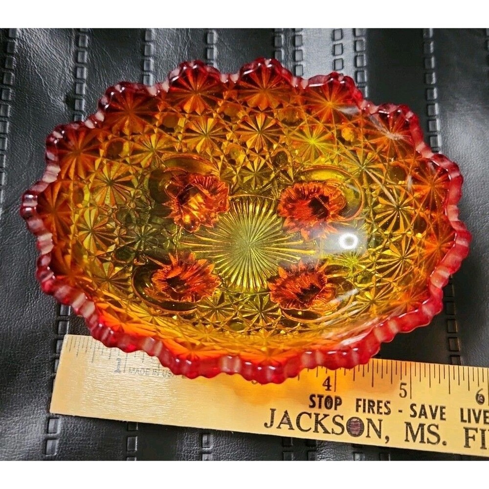 Vintage 5 1/2" LG Wright Amberina Glass Button And Daisy Scroll Footed Oval Bowl